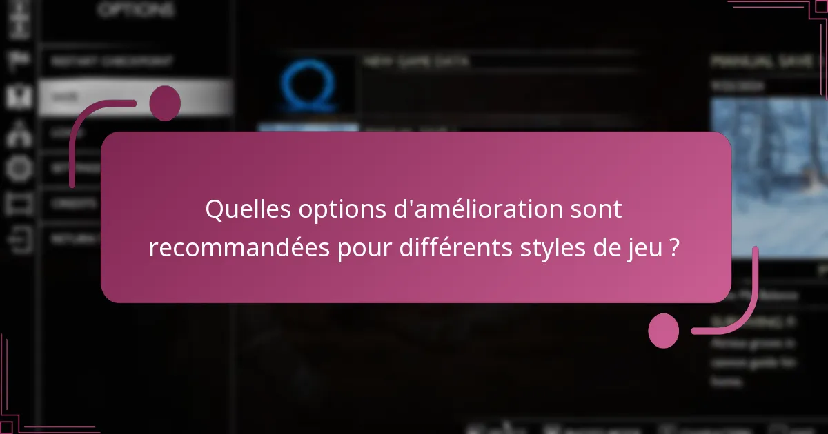 Quelles options d’amélioration sont recommandées pour différents styles de jeu ?